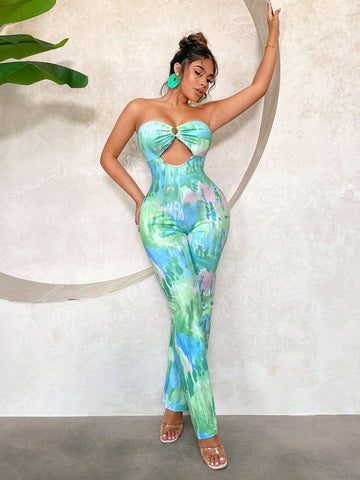Bohemian Cute Resort Beach Wear Vacation Sexy Boho Summer Outfits Long Tie-Dye Strapless Hollow Out Wide Leg Jumpsuit For Women