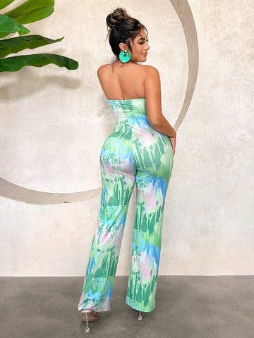Bohemian Cute Resort Beach Wear Vacation Sexy Boho Summer Outfits Long Tie-Dye Strapless Hollow Out Wide Leg Jumpsuit For Women