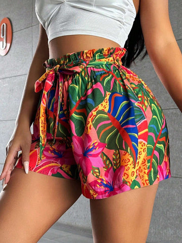 SXY Boho Tropical Plants & Animals Printed High Waist Shorts (With Belt) For Summer Holiday