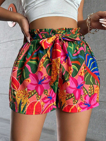 SXY Boho Tropical Plants & Animals Printed High Waist Shorts (With Belt) For Summer Holiday