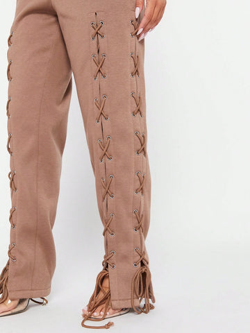 SXY Brown Knit Drawstring Detail Sweatpants