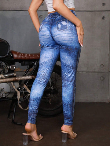 SXY Casual Imitation Denim Blue Patchwork Ladies' Leggings