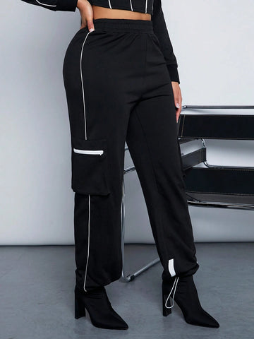 SXY Clubwear Sexy Patchwork Black & White Utility Jogger Pants For Women