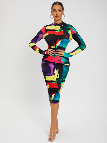 SXY Colorblock Split Hem Back Bodycon Dress