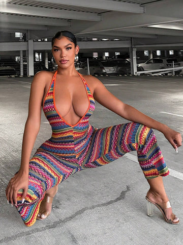 Colorful Strap Backless Women's Summer Jumpsuit With Flared Trousers For Holiday