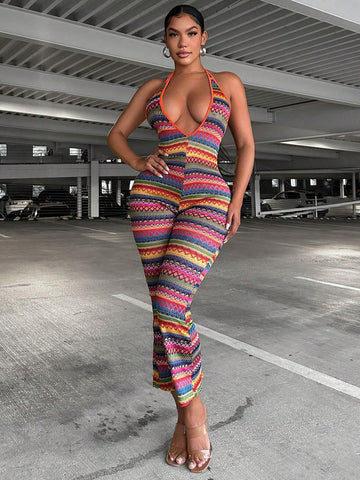 Colorful Strap Backless Women's Summer Jumpsuit With Flared Trousers For Holiday