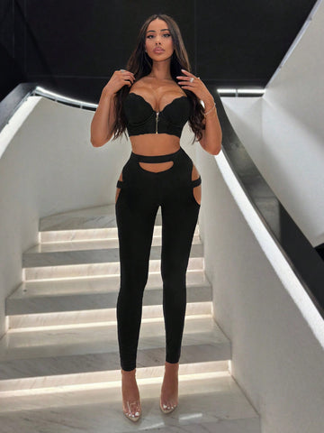 SXY Cutout Lacing Skinny Leggings Birthday Outfit Spring Women Clothes Valentine Day Concert Outfits