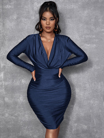 SXY Deep V Neck Ruched Bodycon Dress