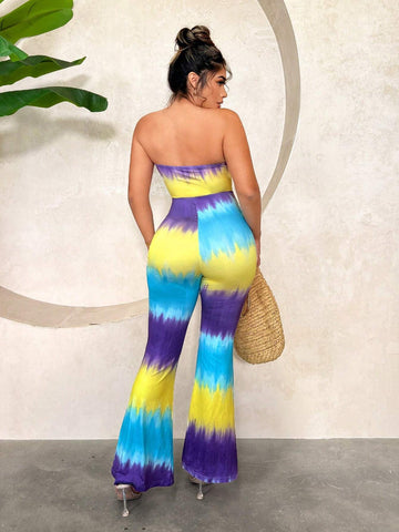 Hollow-Out Tie-Dye Gradient Print Twisted Jumpsuit With Sleeveless Bandeau Top Design