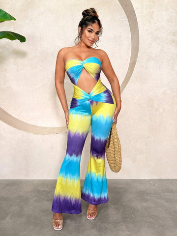 Hollow-Out Tie-Dye Gradient Print Twisted Jumpsuit With Sleeveless Bandeau Top Design
