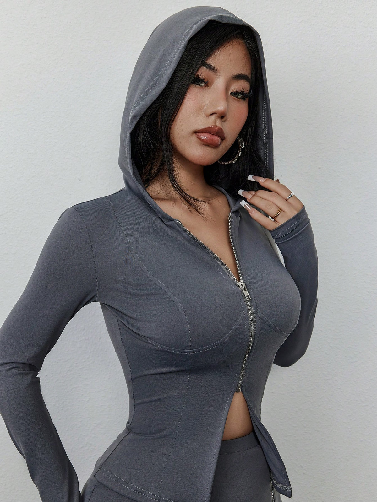 Ladies' Zipper Front Hoodie And Skirt Two Piece Set
