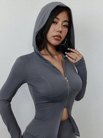 Ladies' Zipper Front Hoodie And Skirt Two Piece Set