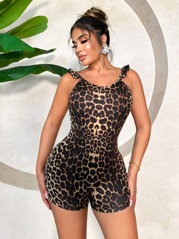 Resort Holiday Spring Leopard Print Sexy Stretchy Comfy Romper Women's Crop Tight Jumpsuit For Summer Vacation With Backless And Ruffled Hem Design Unitards
