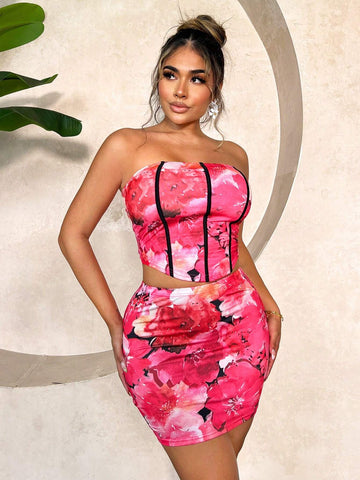 Sexy Flower Printed Bandeau Top And Bodycon Skirt Set For Beach Vacation In Summer