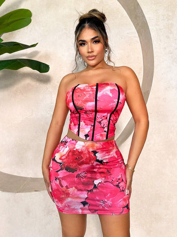 Sexy Flower Printed Bandeau Top And Bodycon Skirt Set For Beach Vacation In Summer