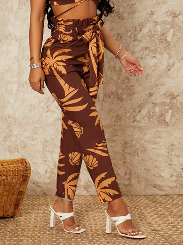 SXY Shell & Palm Tree Print Paperbag Waist Belted Pants