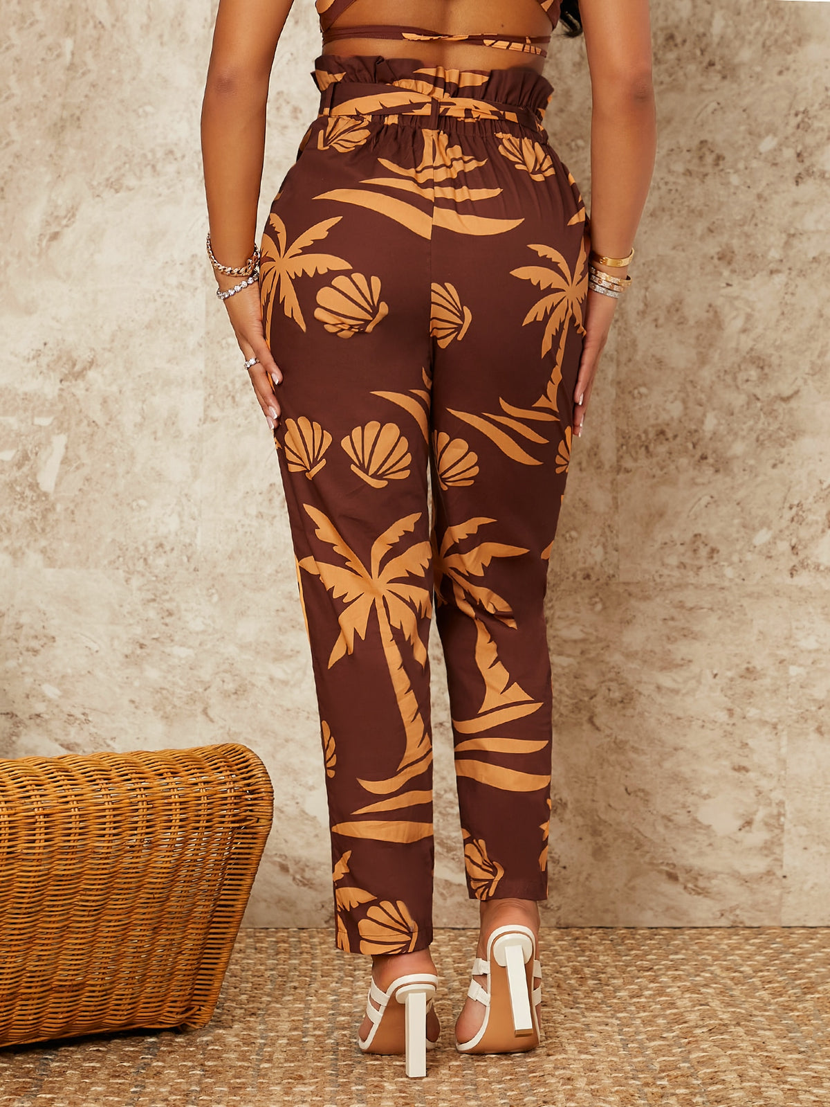 SXY Shell & Palm Tree Print Paperbag Waist Belted Pants