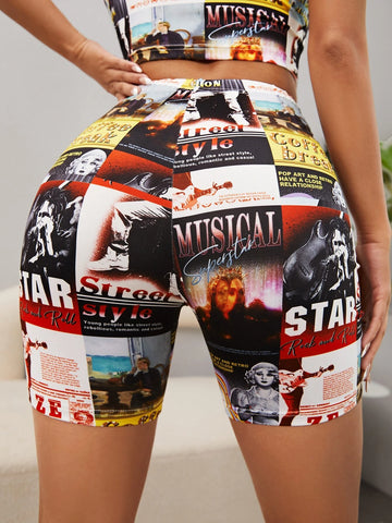 SXY Slogan & Figure Graphic Biker Shorts