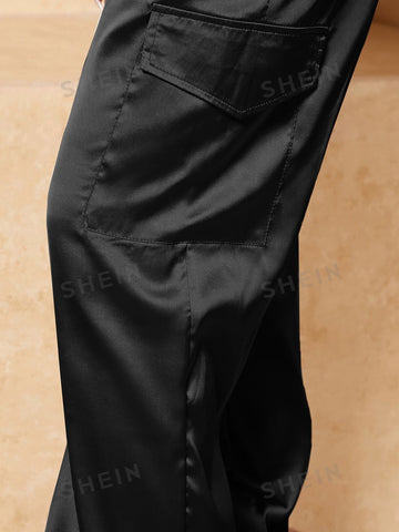 SXY Spring And Summer Satin Drawstring Waist Black Casual Women's Trousers