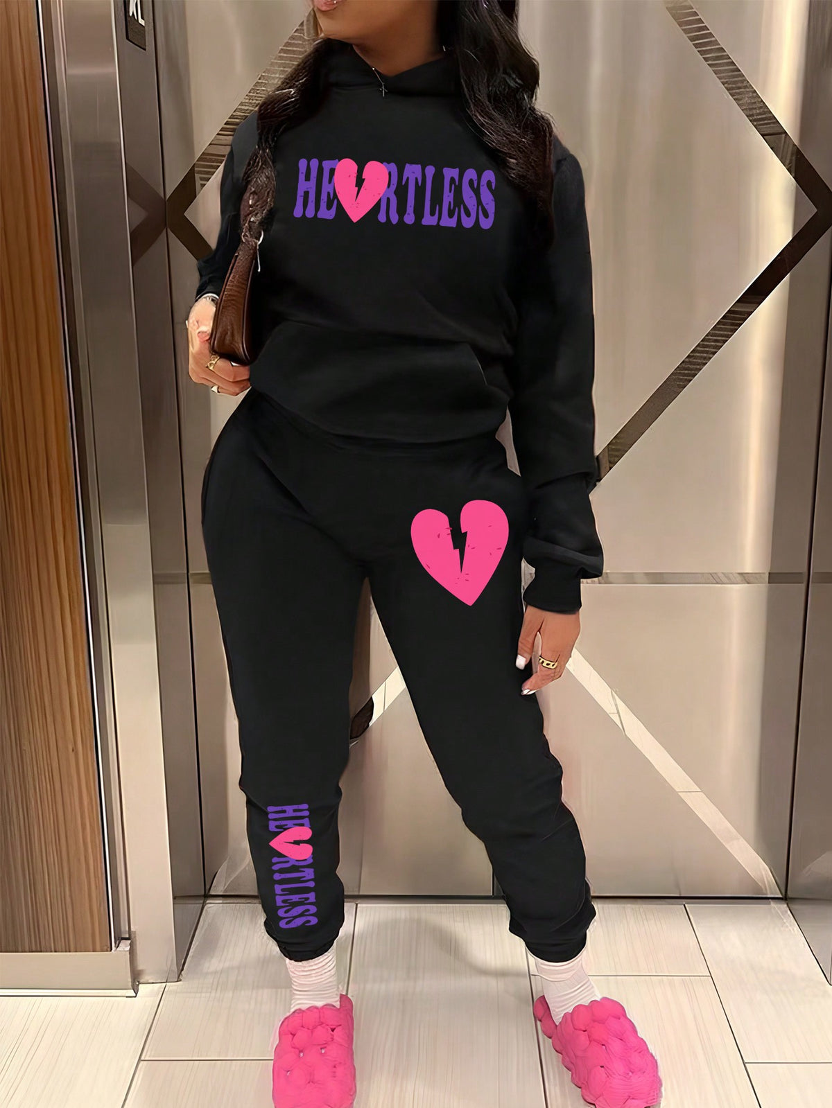 Women'S Love Heart & Letter Print Hoodie And Jogger Pants Set