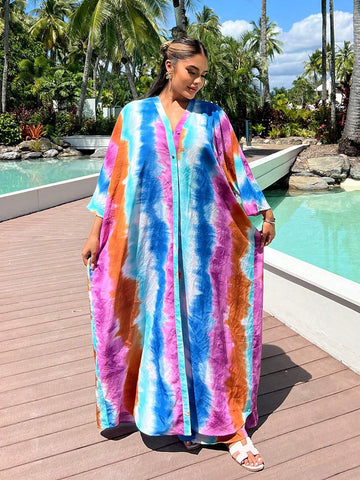 SXY Women Tie-Dye Printed Batwing Sleeve Long Open-Front Shirt For Vacation