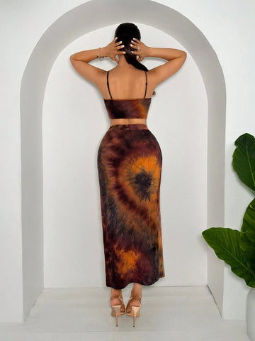 Women Tie Dye Printed Slim Fit Crop Top With Spaghetti Straps And High Slit Skirt Set For Holiday And Leisure