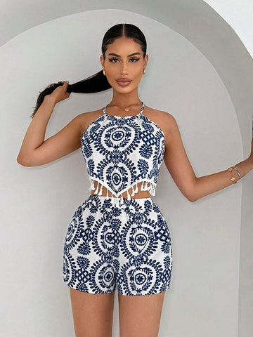Women Vacation Leisure Full Print Fringed Hem With Tie Strap Backless Halter Top And Shorts Set