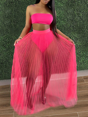 Women's Solid Color Cropped Strapless Top And Pleated Mesh Skirt Two Piece Set