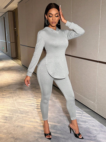 Women's Solid Color Curved Hem Hoodie And Pants Two Piece Set