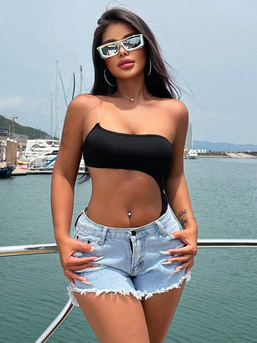 Women's Solid Color Hollow Out Waist Sexy Bodysuit For Vacation