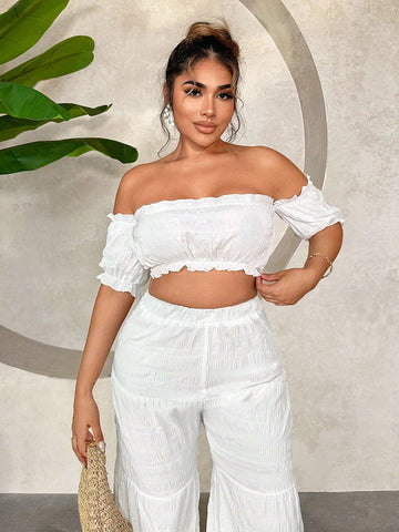 Women's Vacation Off-Shoulder Ruffle Hem Cropped Top And High Waist Layered Pants Set
