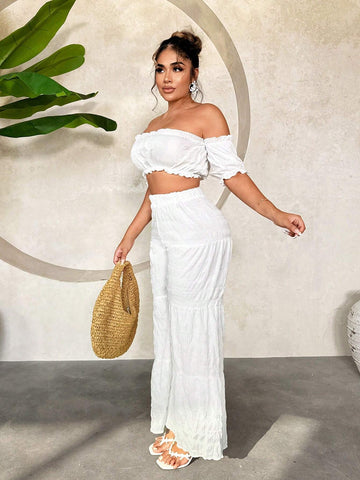 Women's Vacation Off-Shoulder Ruffle Hem Cropped Top And High Waist Layered Pants Set