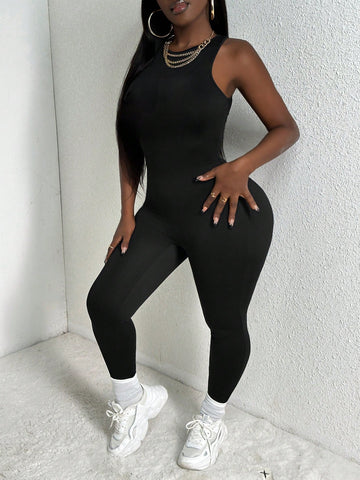 1pc Black Sleeveless High Elasticity Women'S Bodysuit