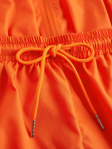 Casual Front Zipper Elastic Waist Orange Fitted Women's Romper-C