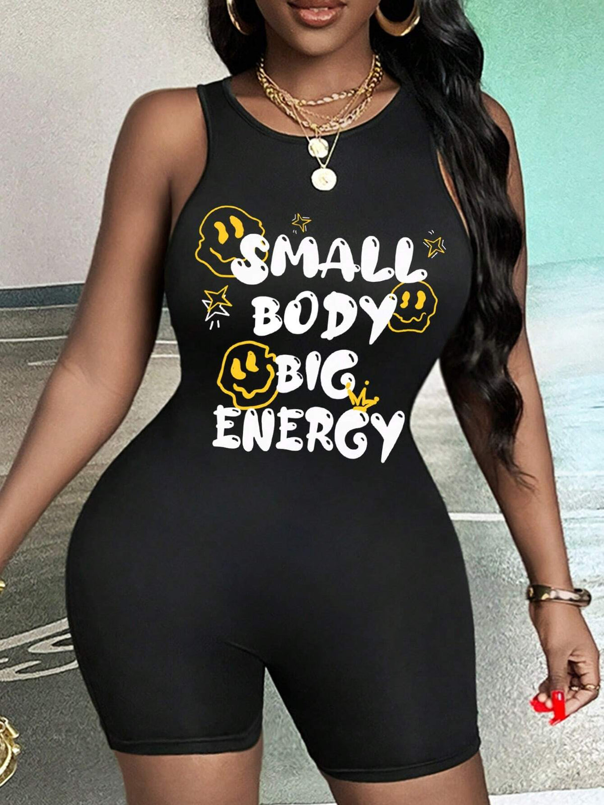 Casual Knitted Small Body Big Energy Slogan Face Pattern Print Women's Round Neck Thick Suspender Shorts Bodysuit Suitable For Summer