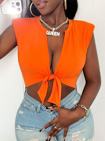 Slayr Casual Round Neck V-Neck Tie Open Placket Truncated Shoulder Pads Orange Knitted Tight Top Women's T-Shirt-E