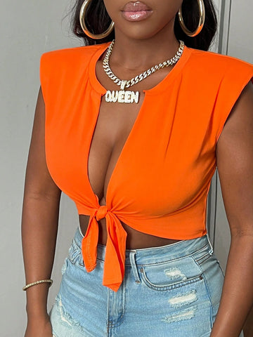 Slayr Casual Round Neck V-Neck Tie Open Placket Truncated Shoulder Pads Orange Knitted Tight Top Women's T-Shirt-E