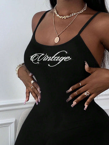 Crystal Rhinestone Embellished Letter Print Nightclub Style Bodysuit With Tight-Fitting Shorts And Spaghetti Straps, Suitable For Summer