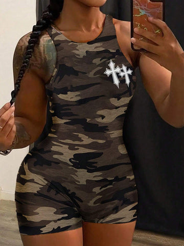 Simple & Casual Basic Sports Camouflage Cross Print Knitted Women Jumpsuit With Sleeveless Round Neck Tank Top & Shorts, Summer