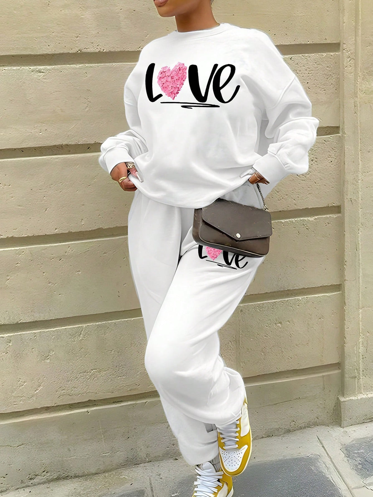Women'S Letter & Heart Print Hoodie And Pants Two-Piece Set