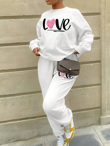 Women'S Letter & Heart Print Hoodie And Pants Two-Piece Set