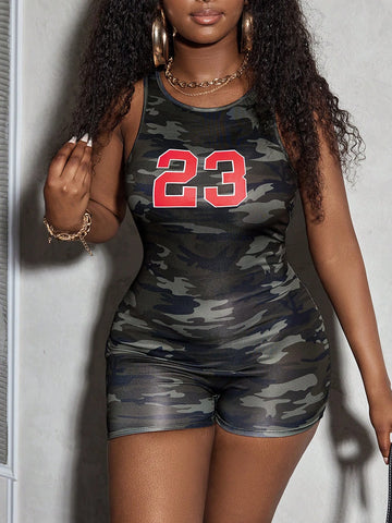 Women Sleeveless Camo Basic Sports Jumpsuit, Round Neck Tank Top Top And Shorts, Knitted, With Number 23 Print