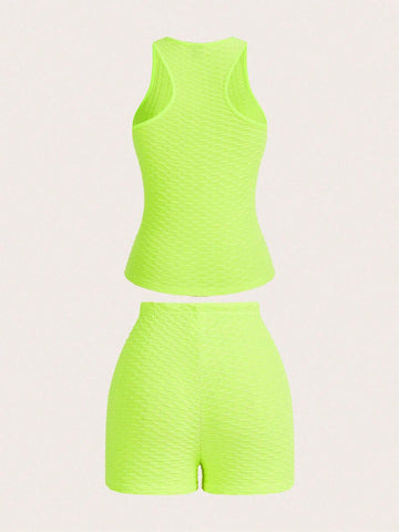 Women Summer Solid Color Texture Vest & Shorts Set
