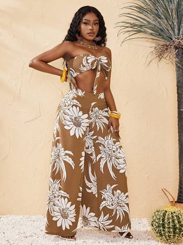 Women's Floral Printed Crop Top And Wide-Leg Pants Set