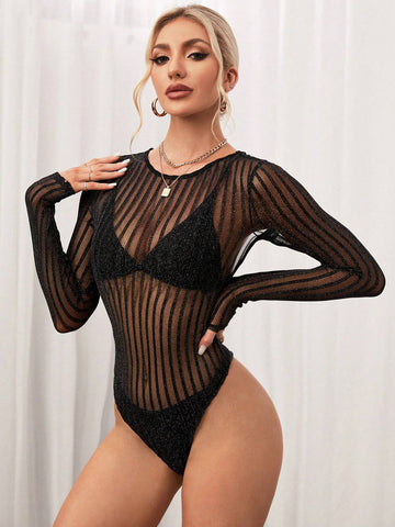 Black See-Through Striped Mesh Hollow Out Sexy Backless Long Sleeve Summer Bodysuit