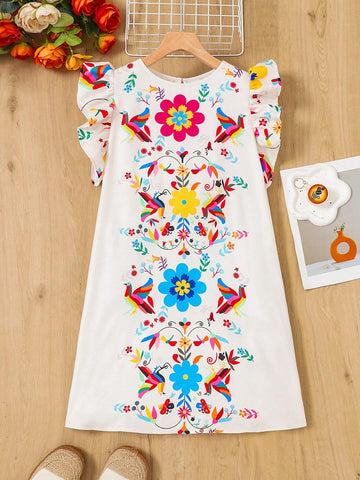 Teen Girl's Woven Floral Printed Casual A-Line Dress With Flutter Sleeves