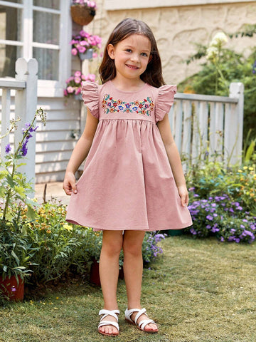 Toddler Girls Floral Embroidery Ruffle Trim Smock Dress