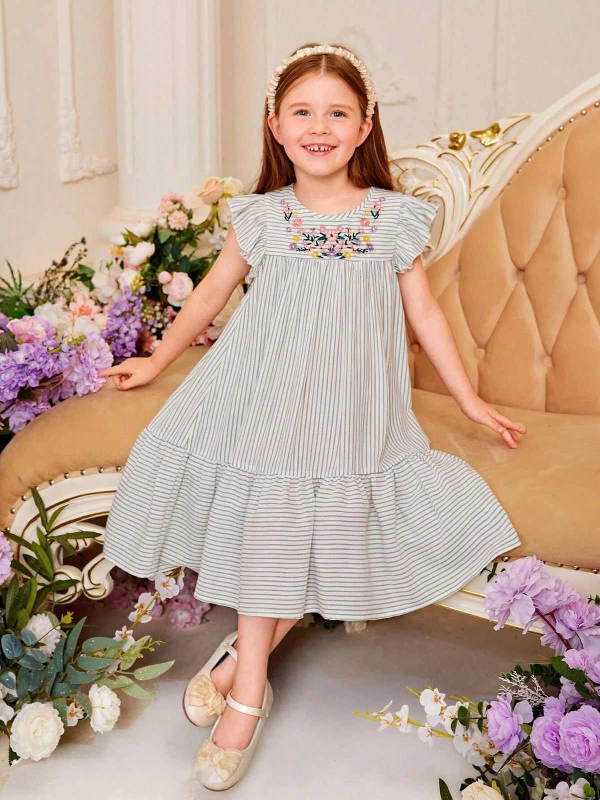 Toddler Girls Striped Print Floral Embroidery Ruffle Hem Smock Dress