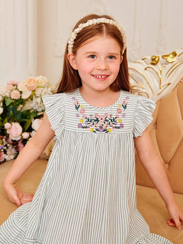 Toddler Girls Striped Print Floral Embroidery Ruffle Hem Smock Dress
