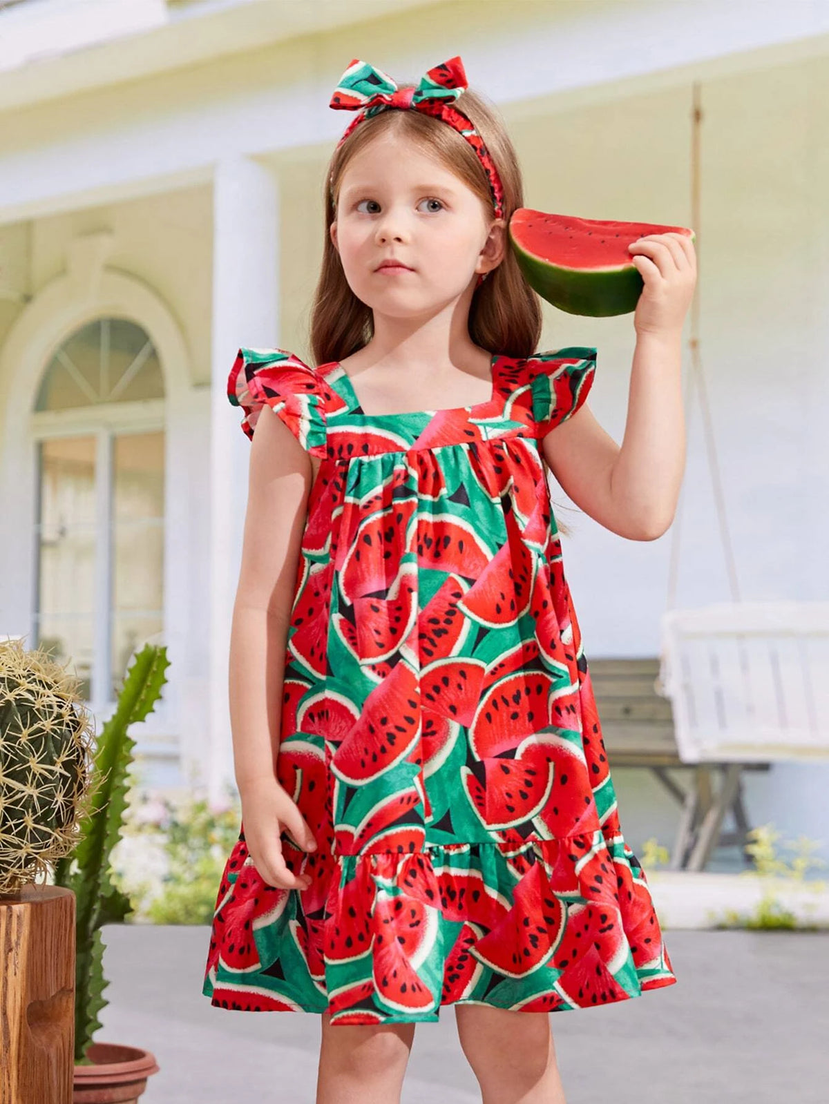 Toddler Girls Watermelon Print Ruffle Trim Smock Dress